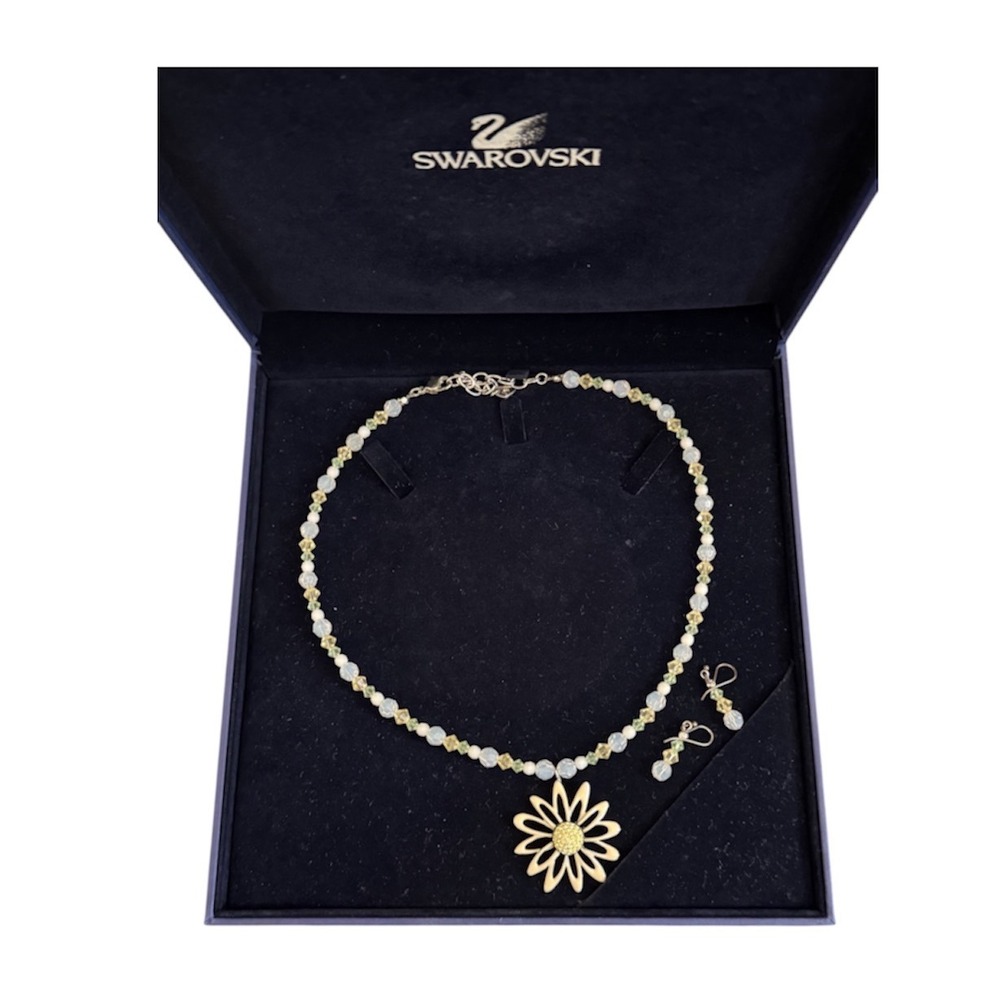 Swarovski Crystal Daisy Necklace and Earring Set Gold Tone Yellow Floral NWOT